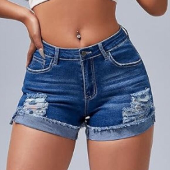 Roswear Women's Ripped Mid Rise Stretchy Denim Jeans Shorts Size L - Picture 1 of 3